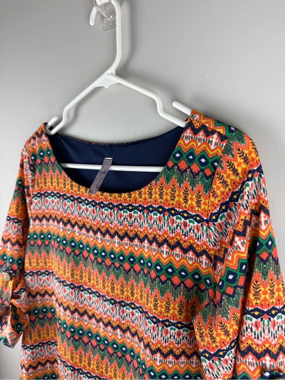 Alya Women’s Multicolor Geometric 3/4 Sleeve Mini Shift Dress SZ M Lined Boho